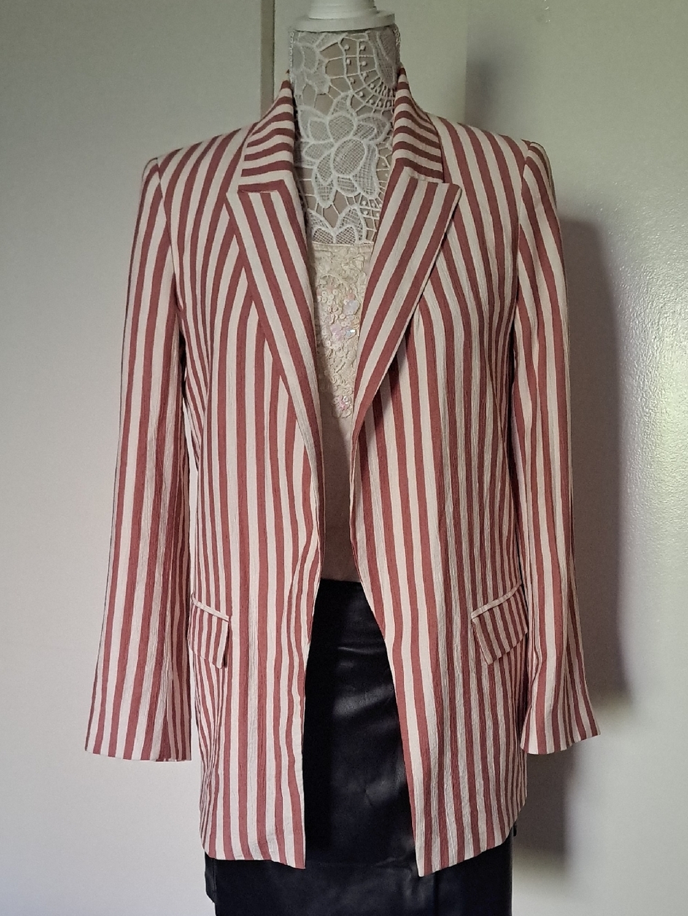 Zara Pink and White Vertical Stripe Longline Blazer